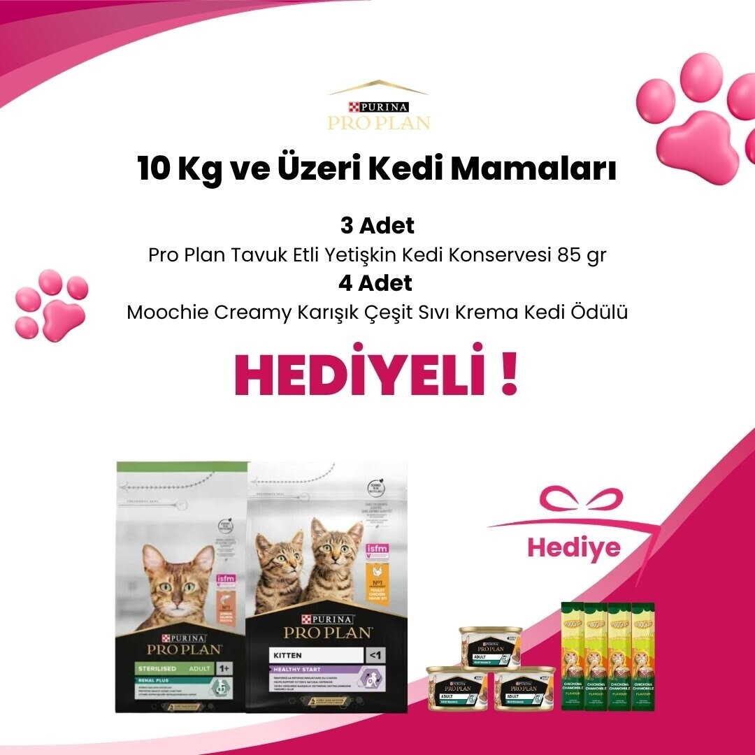 Pro Plan 10 Kg ve Üzeri Kedi Mamalarına 3 Adet Pro Plan Tavuk Etli Yetişkin Kedi Konservesi 85 gr ve 4 Adet Moochie Creamy Karışık Çeşit Sıvı Krema Kedi Ödülü 1 Adet Hediye