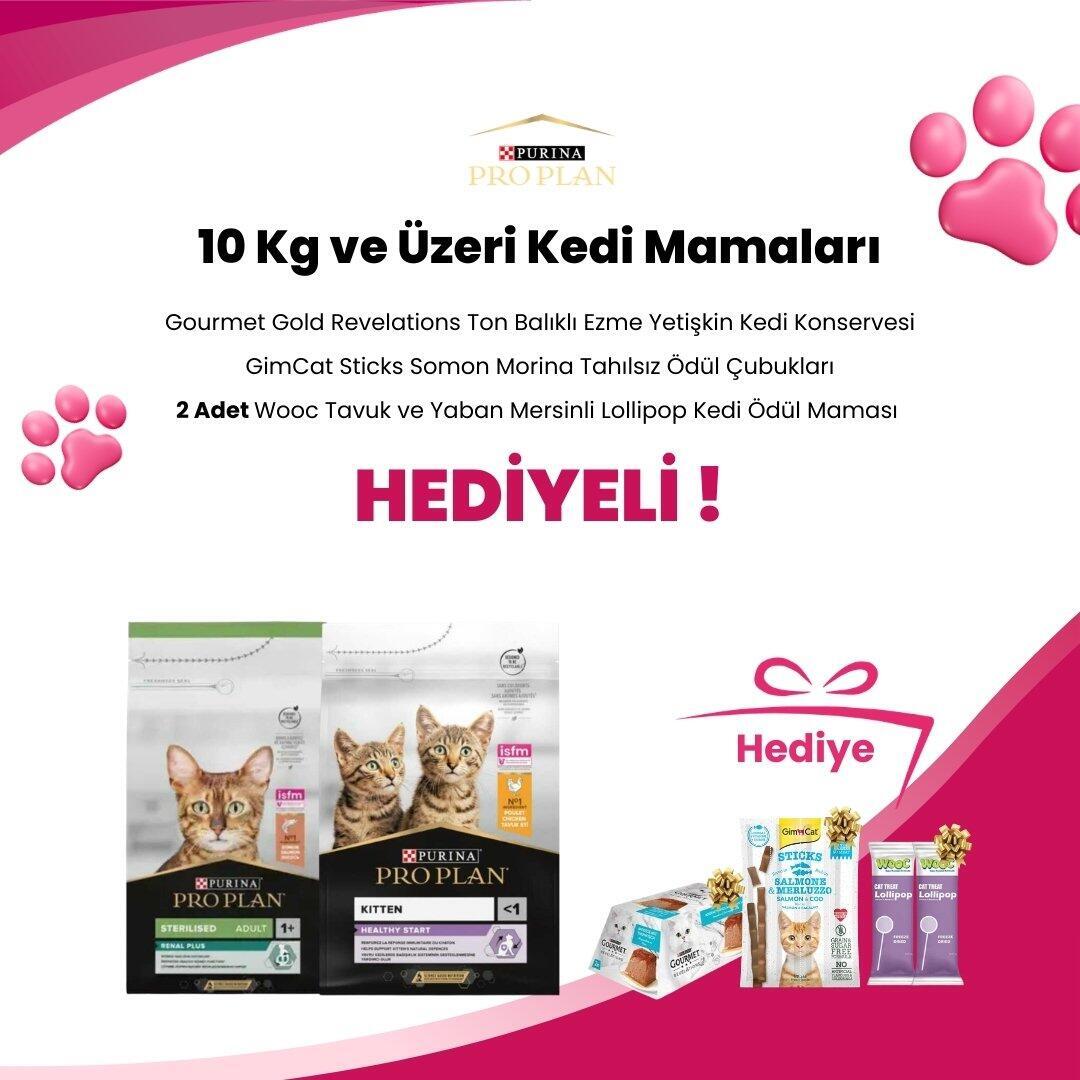 Pro Plan 10 Kg ve Üzeri Kedi Mamalarına 2 Adet Wooc Tavuk ve Yaban Mersinli Lollipop Kedi Ödül Maması, GimCat Sticks Somon Morina Tahılsız Ödül Çubukları 4'lü 20 gr ve Gourmet Gold Revelations Ton Balıklı Ezme Yetişkin Kedi Konservesi 2 X 57 gr Hediye