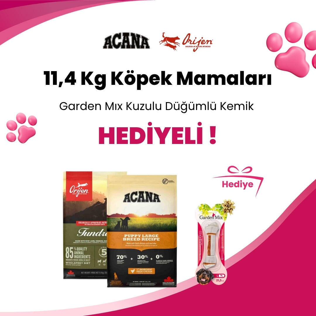 Acana ve Orijen 11,4 Kg Köpek Mamalarına Eurodog Diş İpi Tenis Toplu Kırmızı Beyaz Köpek Oyuncağı 40 cm ve Garden Mix Tavşan Budu Köpek Ödülü 75 gr Hediye