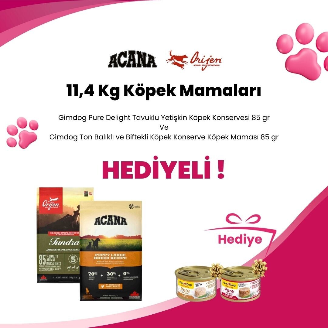 Acana 11,4 Kg Köpek Mamalarına 1 Adet Wanpy Pouch Tavuk ve Ciğerli Yetişkin Köpek Konservesi 100 Gr 2 Adet Gimdog Sport Sticks Av Etli Tahılsız Köpek Ödül Çubuğu 12 Gr Hediye