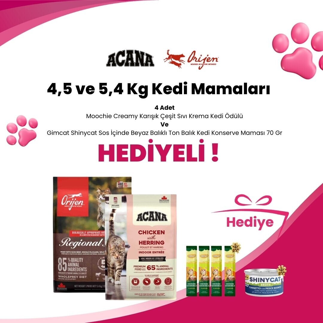 Acana ve Orijen 4,5 ve 5,4 Kg Kedi Mamalarına Gimcat Shinycat Ton Balığı ve Somonlu Yetişkin Kedi Çorbası 70 gr ve Gimcat Shinycat Ton Balığı ve Karidesli Yetişkin Kedi Çorbası 70 gr Hediye