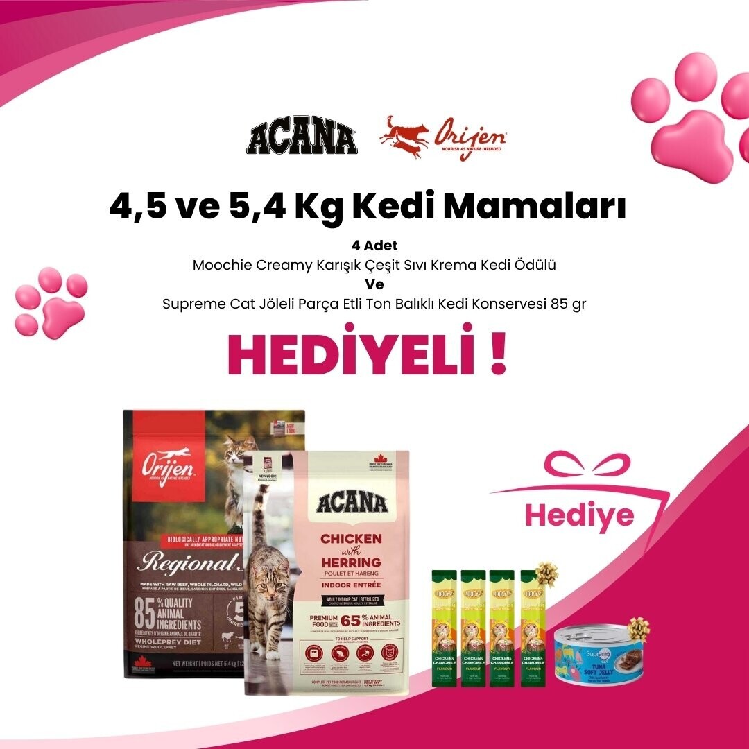 Acana ve Orijen 4,5 ve 5,4 Kg Kedi Mamalarına Gimcat Shinycat Ton Balığı ve Somonlu Yetişkin Kedi Çorbası 70 gr ve Gimcat Shinycat Ton Balığı ve Karidesli Yetişkin Kedi Çorbası 70 gr Hediye