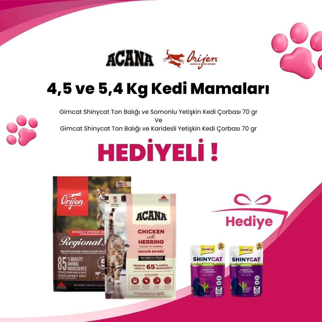 Acana ve Orijen 4,5 ve 5,4 Kg Kedi Mamalarına Gimcat Shinycat Ton Balığı ve Somonlu Yetişkin Kedi Çorbası 70 gr ve Gimcat Shinycat Ton Balığı ve Karidesli Yetişkin Kedi Çorbası 70 gr Hediye