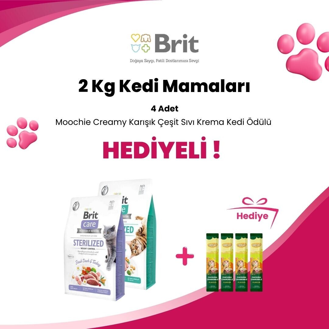 Brit Care 2 Kg Kedi Mamalarına 4 Adet Moochie Creamy Karışık Çeşit Sıvı Krema Kedi Ödülü Hediye