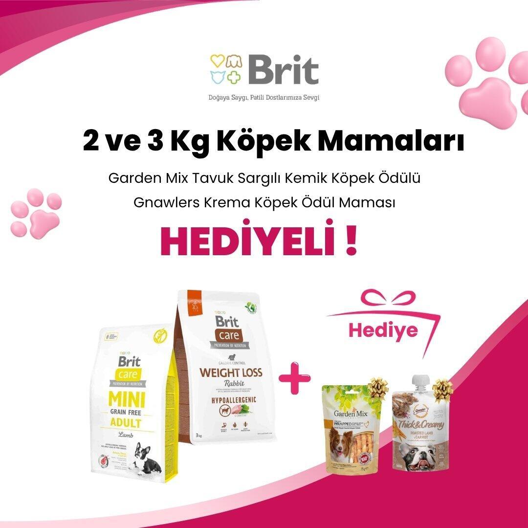 Brit Care 2 ve 3 Kg Köpek Mamalarına Gnawlers Kızartılmış Kuzu ve Havuç Aromalı Krema Köpek Ödül Maması 100gr ve Garden Mix Tavuk Sargılı Kemik Köpek Ödülü 75 gr Hediye