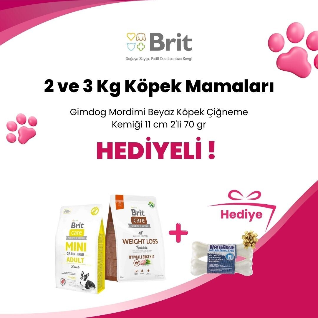Brit Care 2 ve 3 Kg Köpek Mamalarına Gimdog Mordimi Beyaz Köpek Çiğneme Kemiği 11 cm 2'li 70 gr Hediye