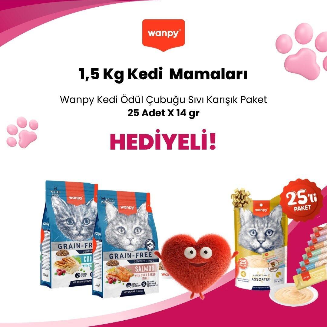 Wanpy 1,5 Kg Kedi Mamalarına Wanpy Kedi Ödül Çubuğu Sıvı Karışık Paket 25 Adet X 14 gr Hediye
