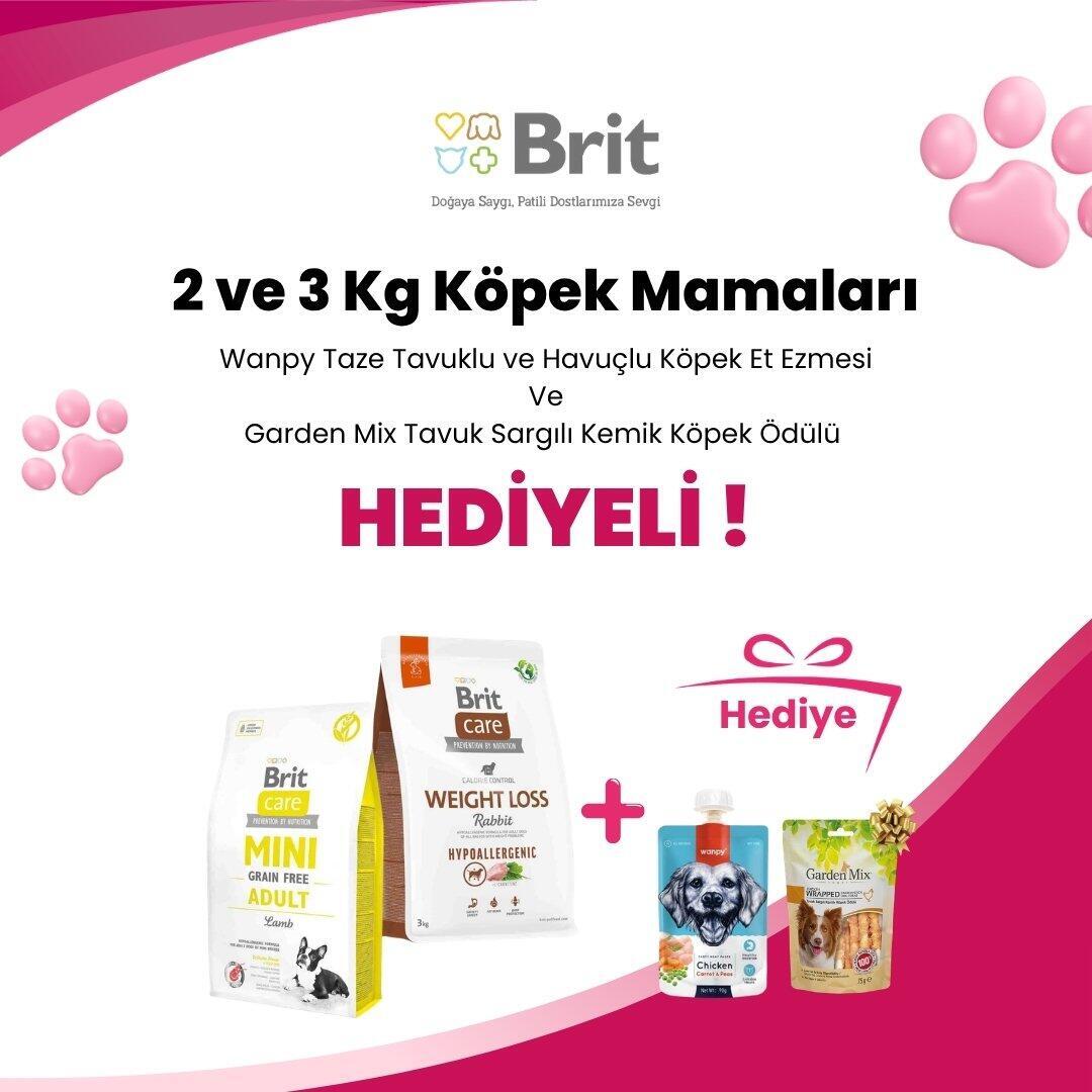 Brit Care 2 ve 3 Kg Köpek Mamalarına Wanpy Taze Tavuklu ve Havuçlu Köpek Et Ezmesi 90 gr ve Garden Mix Tavuk Sargılı Kemik Köpek Ödülü 75 gr Hediye