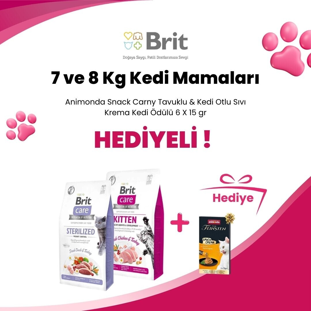 Brit Care 7 ve 8 Kg Kedi Mamalarına Animonda Snack Carny Tavuklu & Kedi Otlu Sıvı Krema Kedi Ödülü 6 X 15 gr Hediye