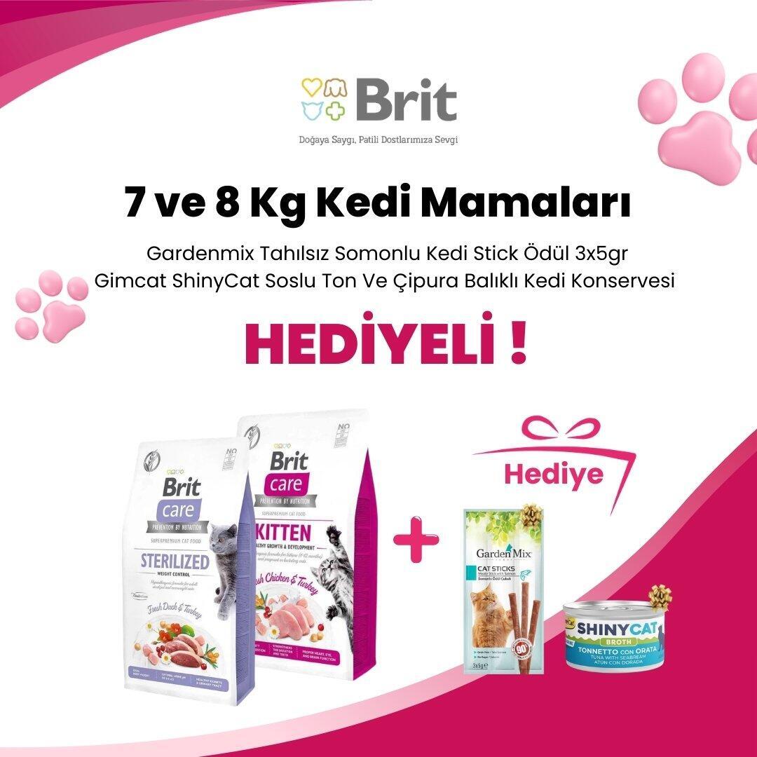 Brit Care 7 ve 8 Kg Kedi Mamalarına Gardenmix Tahılsız Somonlu Kedi Stick Ödül 3x5gr ve Gimcat ShinyCat Soslu Ton Ve Çipura Balıklı Kedi Konservesi 70 Gr Hediye 