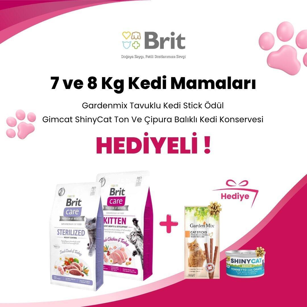 Brit Care 7 ve 8 Kg Kedi Mamalarına Gardenmix Tavuklu Kedi Stick Ödül 3*5gr ve Gimcat ShinyCat Soslu Ton Ve Çipura Balıklı Kedi Konservesi 70 Gr Hediye