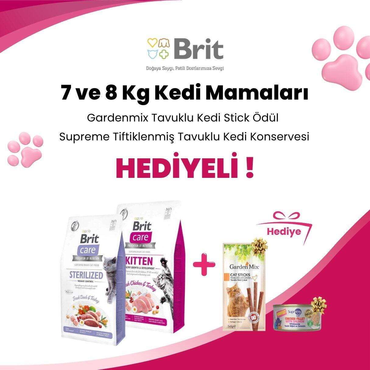 Brit Care 7 ve 8 Kg Kedi Mamalarına Gimcat Shinycat Sos İçinde Jelly Ançüezli Ton Balığı Yetişkin Kedi Konserve Maması 70 Gr ve Gardenmix Tavuklu Kedi Stick Ödül 3*5gr Hediye