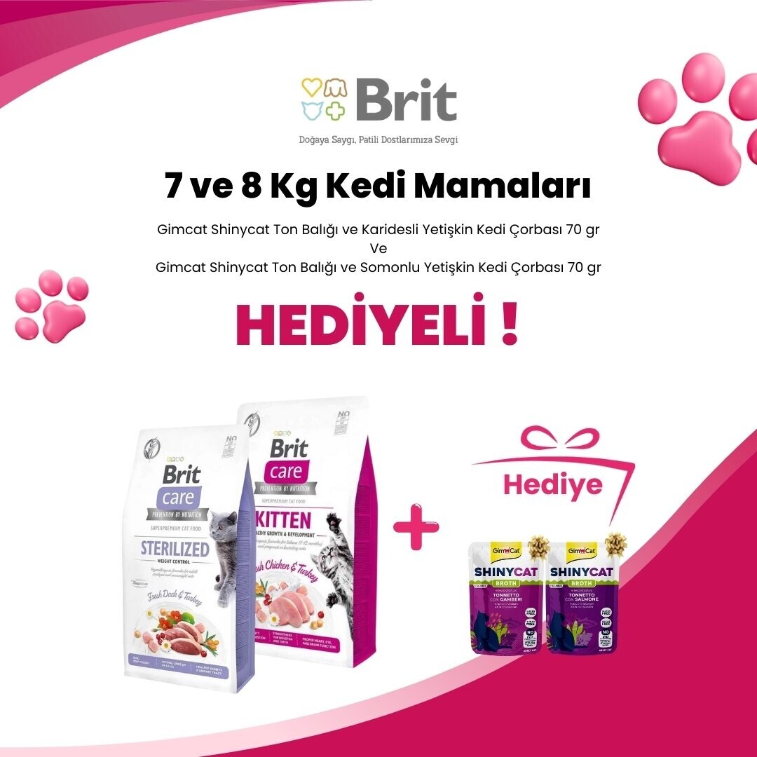 Brit Care 7 ve 8 Kg Kedi Mamalarına Supreme Cat Kıyılmış Tavuk ve Ton Balıklı Kedi Konservesi 85 gr ve Supreme Cat Kıyılmış Tavuk ve Uskumru Kedi Konservesi 85 gr Hediye