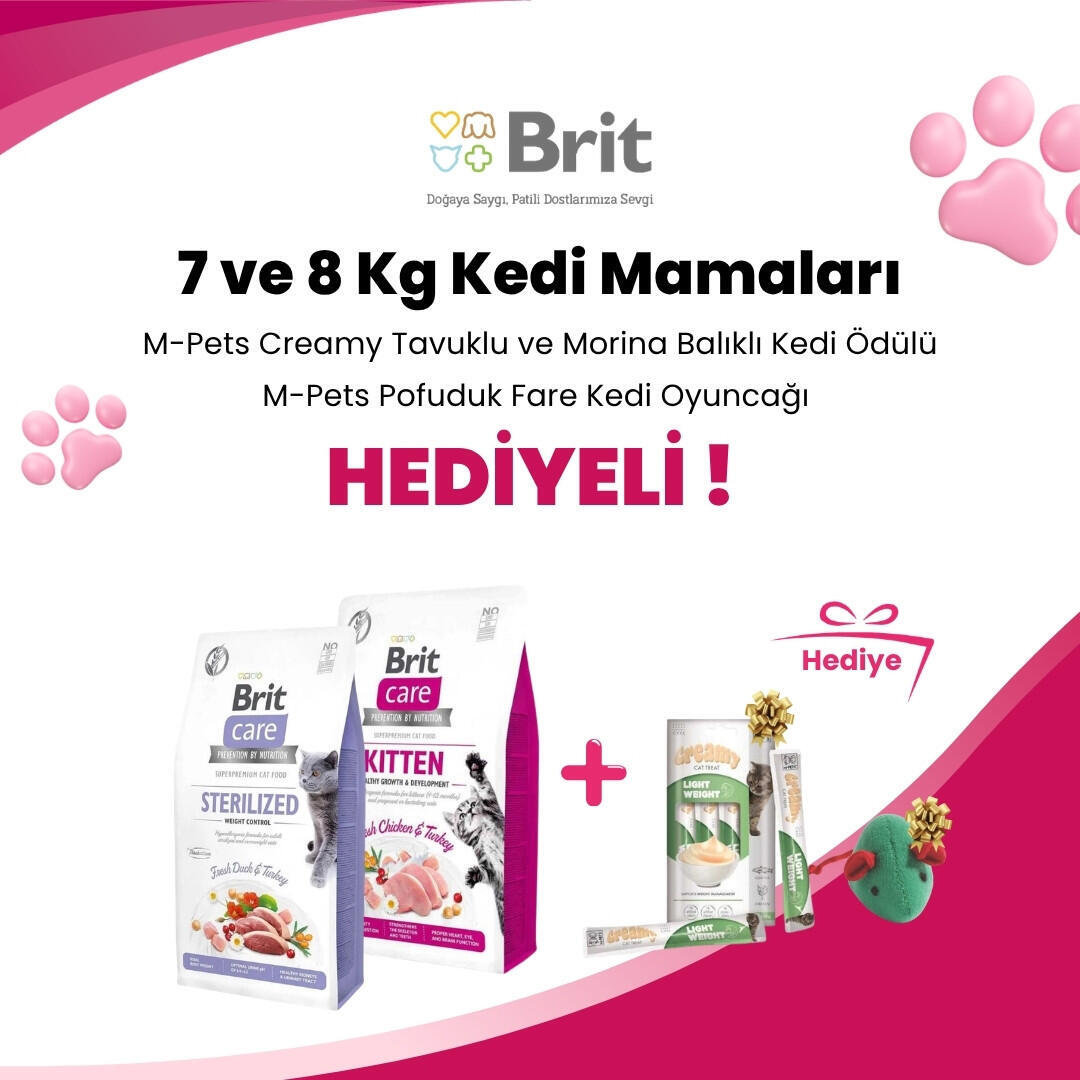 Brit Care 7 ve 8 Kg Kedi Mamalarına Gimcat Shinycat Sos İçinde Jelly Ançüezli Ton Balığı Yetişkin Kedi Konserve Maması 70 Gr ve Gardenmix Tavuklu Kedi Stick Ödül 3*5gr Hediye