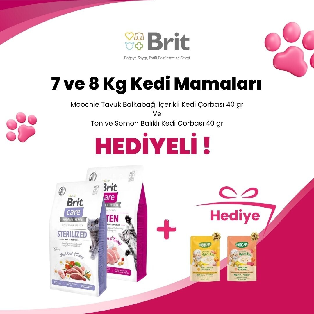 Brit Care 7 ve 8 Kg Kedi Mamalarına Moochie Tavuk Balkabağı İçerikli Kedi Çorbası 40 gr ve Moochie Ton ve Somon Balıklı Kedi Çorbası 40 gr Hediye