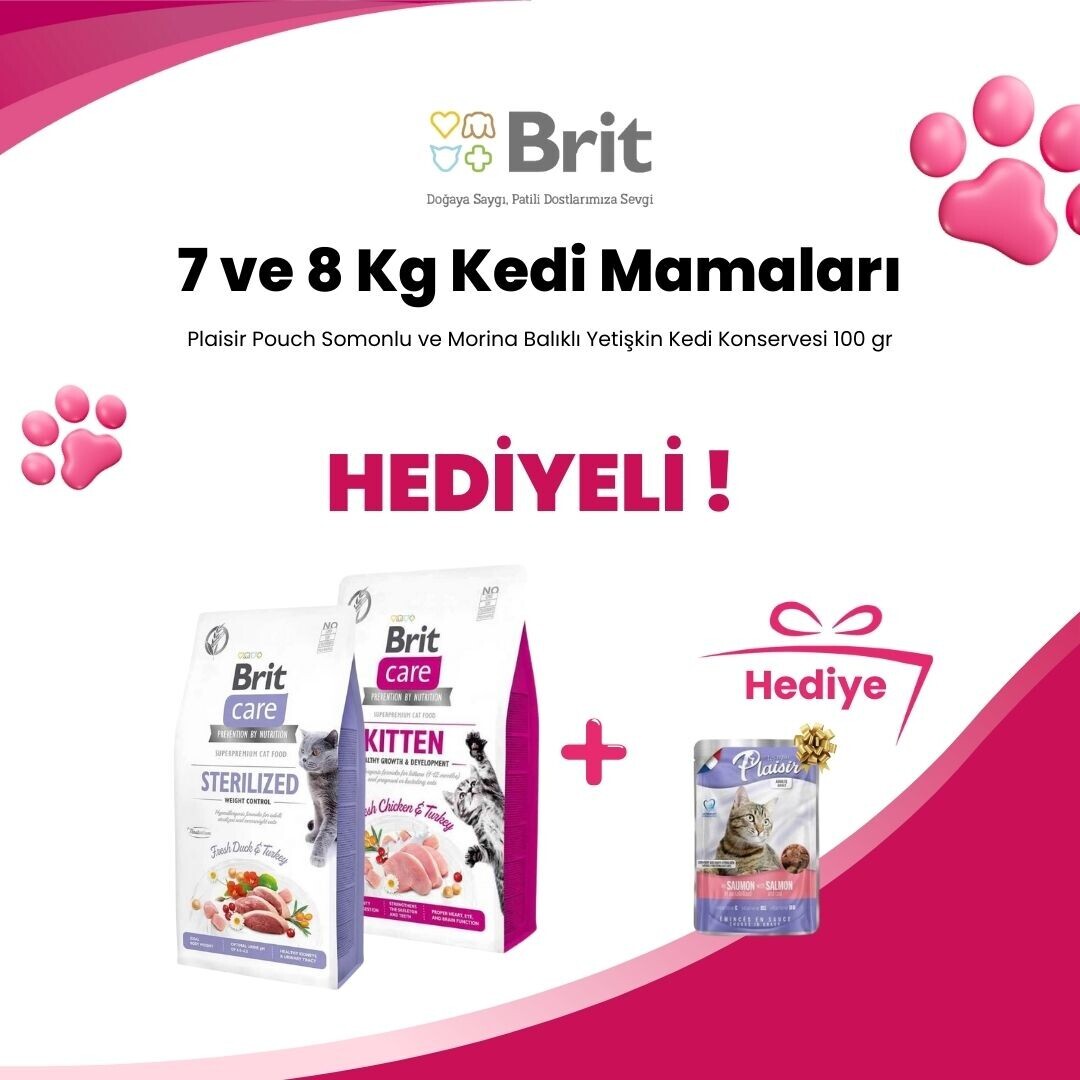 Brit Care 7 ve 8 Kg Kedi Mamalarına Plaisir Pouch Somonlu ve Morina Balıklı Yetişkin Kedi Konservesi 100 gr Hediye