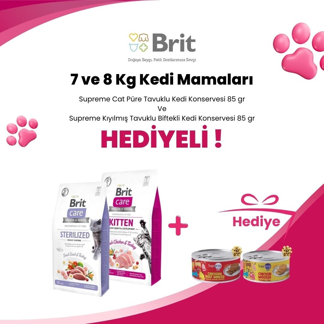 Brit Care 7 ve 8 Kg Kedi Mamalarına Supreme Cat Kıyılmış Tavuk ve Ton Balıklı Kedi Konservesi 85 gr ve Supreme Cat Kıyılmış Tavuk ve Uskumru Kedi Konservesi 85 gr Hediye