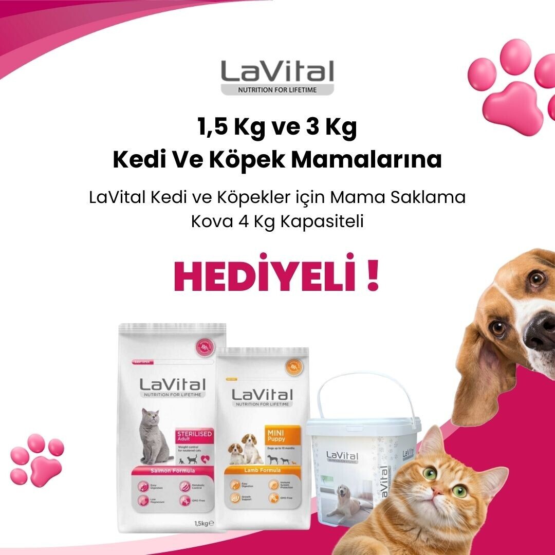 Lavital 1,5 ve 3 Kg Kedi ve Köpek Mamalarına LaVital Kedi ve Köpekler için Mama Saklama Kova 4 Kg Kapasiteli Hediye