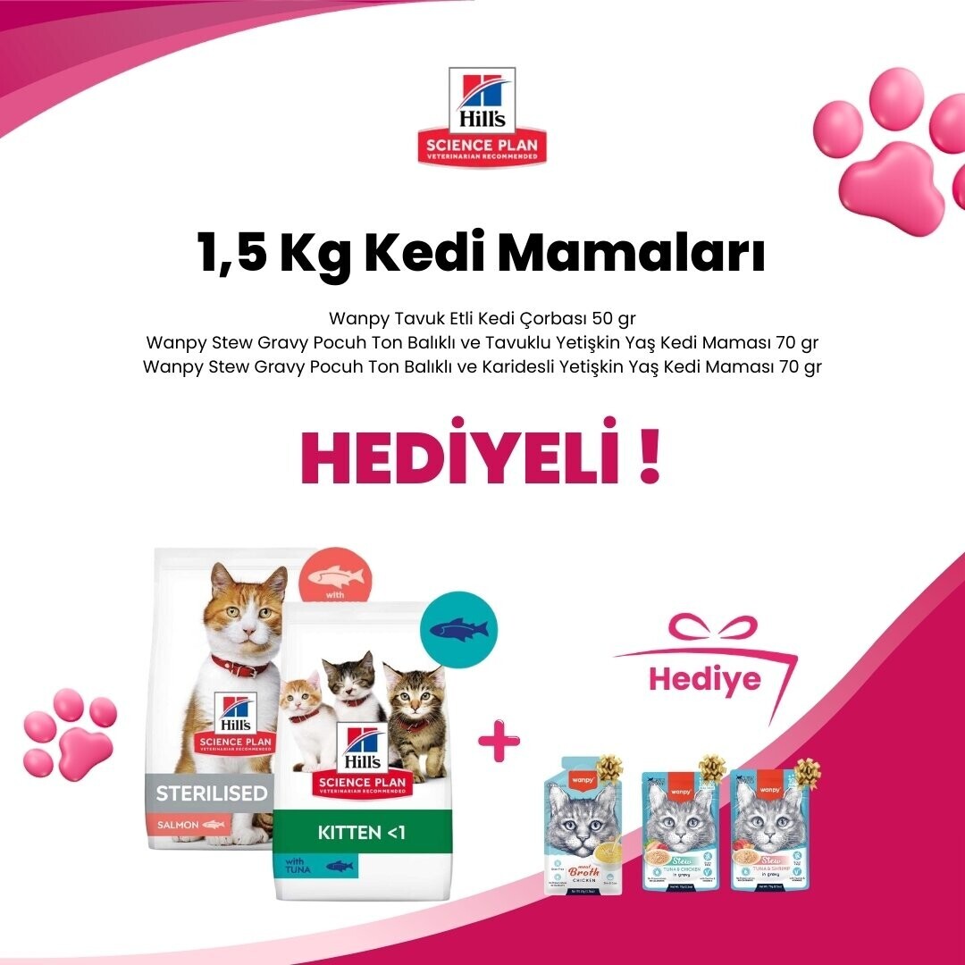 Hill's Science Plan 1,5 Kg Kedi Mamalarına Wanpy Stew Gravy Pocuh Ton Balıklı ve Karidesli Yetişkin Yaş Kedi Maması 70 gr, Wanpy Stew Gravy Pocuh Ton Balıklı ve Tavuklu Yetişkin Yaş Kedi Maması 70 gr - Sağlam Paketleme Wanpy Stew Gravy Pocuh Ton Balıklı ve Tavuklu Yetişkin Yaş Kedi Maması 70 gr ve Wanpy Tavuk Etli Kedi Çorbası 50 gr Hediye