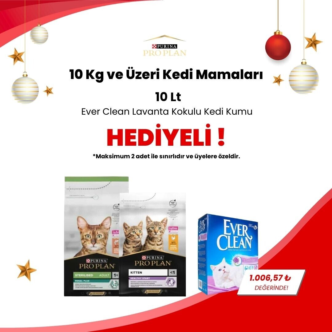 Pro Plan 10 Kg ve Üzeri Kedi Mamalarına Ever Clean LitterFree Paws İz Bırakmayan Kedi Kumu 10 Lt Hediye