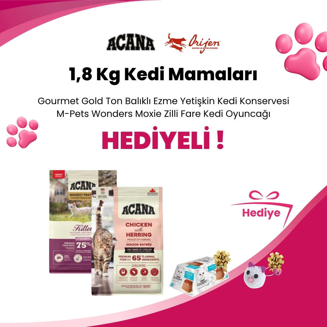 Acana ve Orijen 1,8 Kg Kedi Mamalarına M-Pets Wonders Moxie Zilli Fare Kedi Oyuncağı 7 Cm ve Gourmet Gold Revelations Ton Balıklı Ezme Yetişkin Kedi Konservesi 2 X 57 gr Hediye