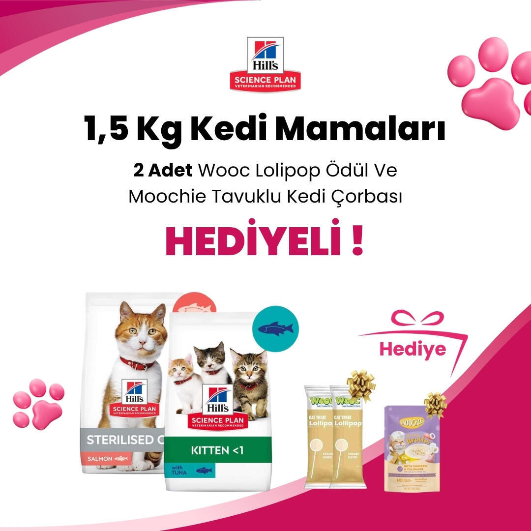 Hill's Science Plan 1,5 Kg Kedi Mamalarına Gimcat Shinycat Sos İçinde Jelly Ançüezli Ton Balığı Yetişkin Kedi Konserve Maması 70 Gr ve 2 Adet Wooc Tavuk ve Yaban Mersinli Lollipop Kedi Ödül Maması Hediye 