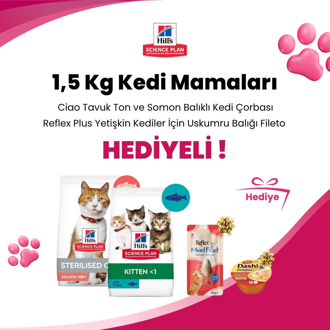 Hill's Science Plan 1,5 Kg Kedi Mamalarına Reflex Plus Yetişkin Kediler İçin Uskumru Balığı Fileto 30 Gr ve Ciao Dashi Delights Tavuk Ton ve Somon Balıklı Kedi Çorbası 70 gr Hediye