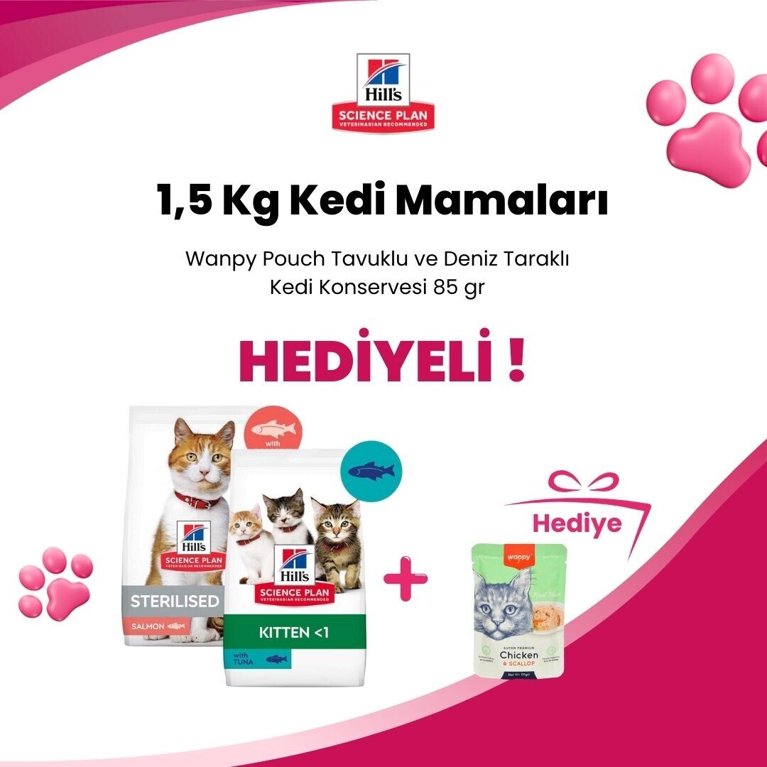 Hill's Science Plan 1,5 Kg Kedi Mamalarına Wanpy Pouch Tavuklu ve Deniz Taraklı Kedi Konservesi 85 gr Hediye
