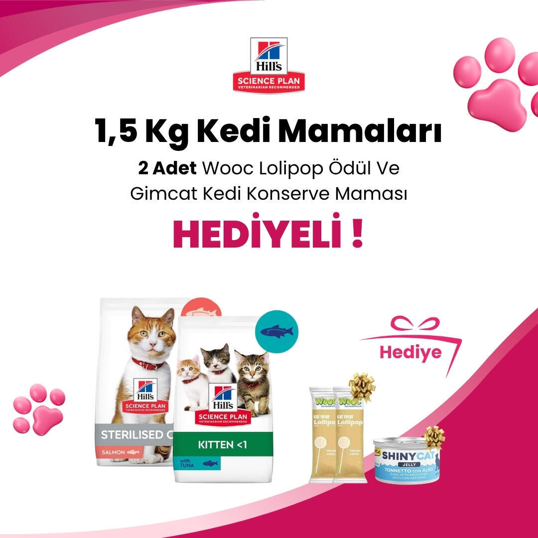 Hill's Science Plan 1,5 Kg Kedi Mamalarına Gimcat Shinycat Sos İçinde Jelly Ançüezli Ton Balığı Yetişkin Kedi Konserve Maması 70 Gr ve 2 Adet Wooc Tavuk ve Yaban Mersinli Lollipop Kedi Ödül Maması Hediye 