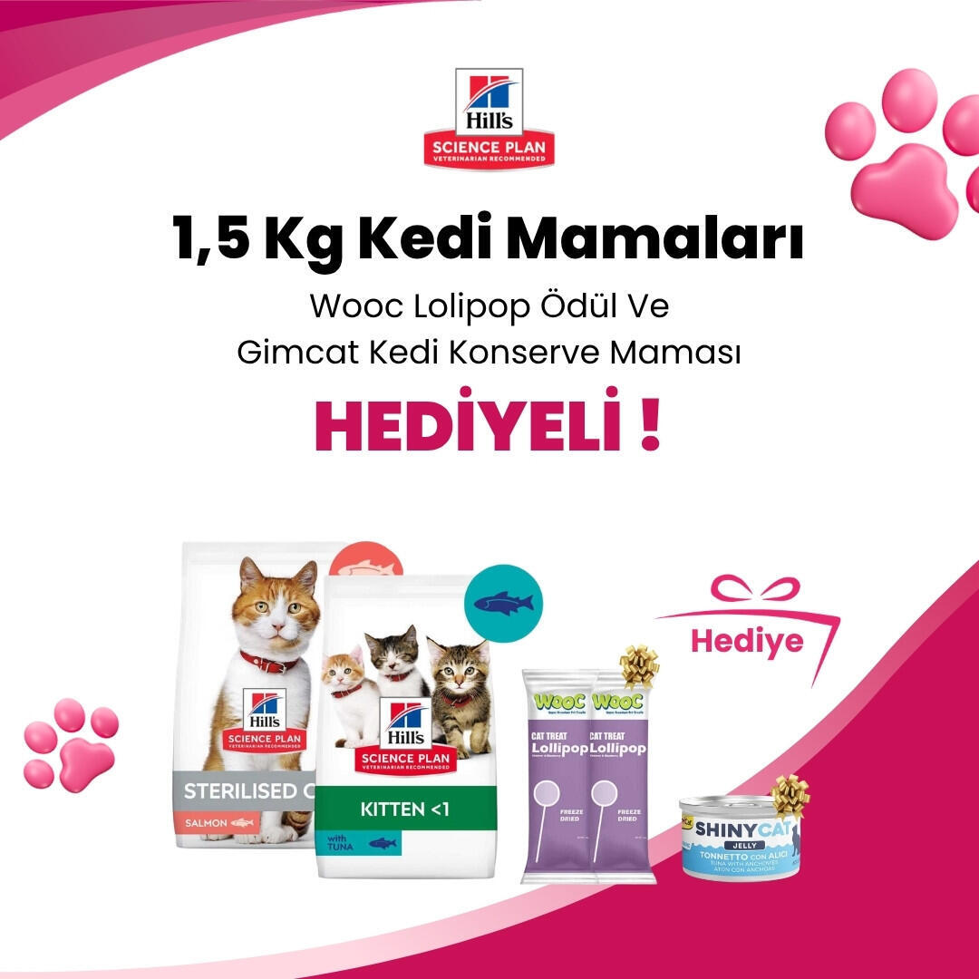 Hill's Science Plan 1,5 Kg Kedi Mamalarına Gimcat Shinycat Sos İçinde Jelly Ançüezli Ton Balığı Yetişkin Kedi Konserve Maması 70 Gr ve 2 Adet Wooc Tavuk ve Yaban Mersinli Lollipop Kedi Ödül Maması Hediye 