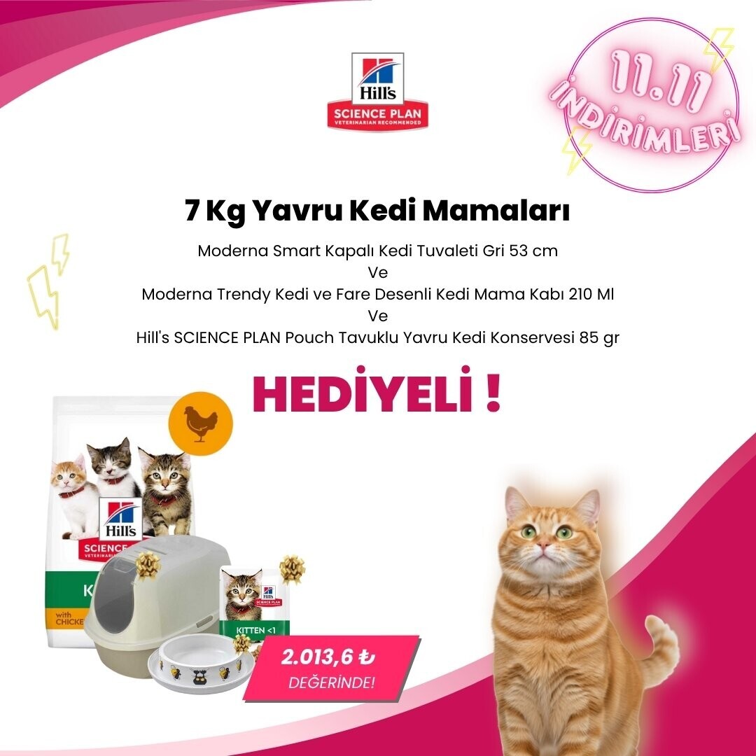 Hill's Science Plan 7 Kg Yavru Kedi Mamalarına Moderna Trendy Kedi ve Fare Desenli Kedi Mama Kabı 210 Ml , Hill's SCIENCE PLAN Pouch Tavuklu Yavru Kedi Konservesi 85 gr ve Moderna Smart Kapalı Kedi Tuvaleti Gri 53 cm Hediye