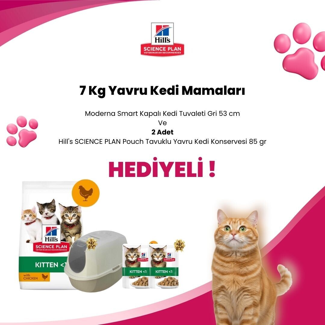 Hill's Science Plan 7 Kg Yavru Kedi Mamalarına Hill's SCIENCE PLAN Pouch Tavuklu Yavru Kedi Konservesi 85 gr ve Moderna Smart Kapalı Kedi Tuvaleti Gri 53 cm Hediye