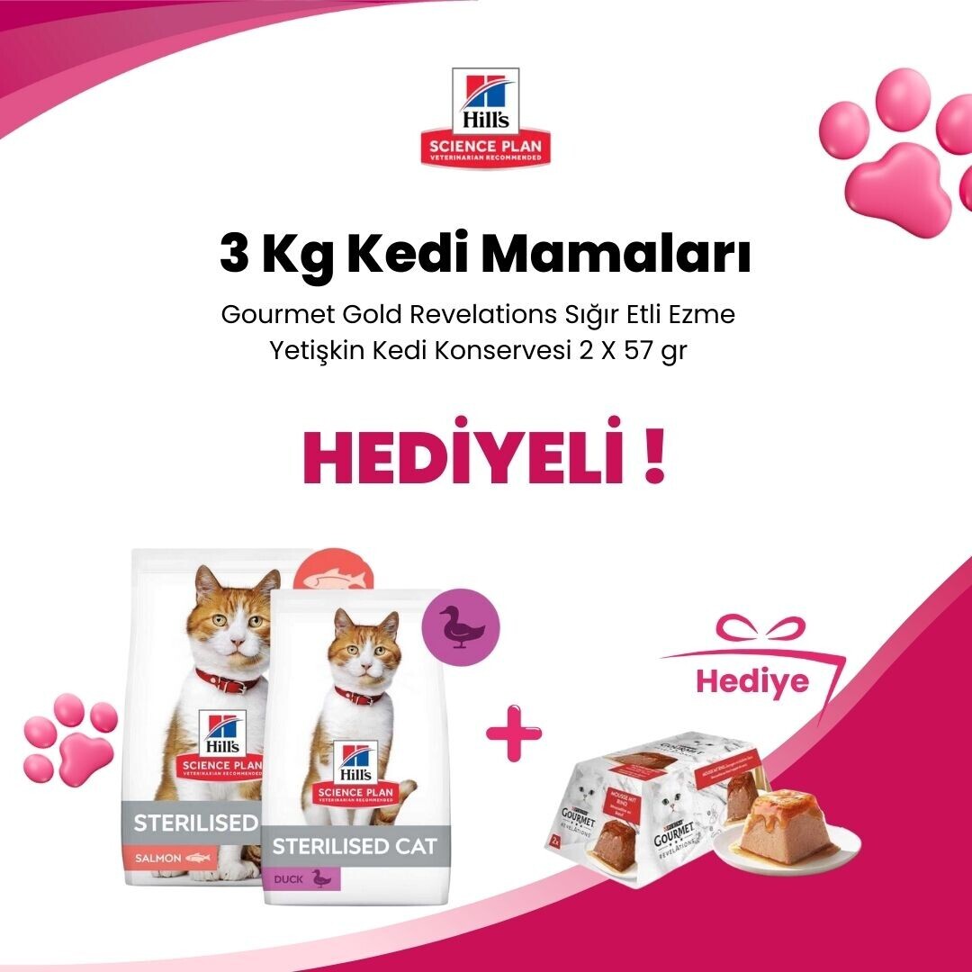 Hill's Science Plan 3 Kg Kedi Mamalarına Gourmet Gold Revelations Sığır Etli Ezme Yetişkin Kedi Konservesi 2 X 57 gr Hediye