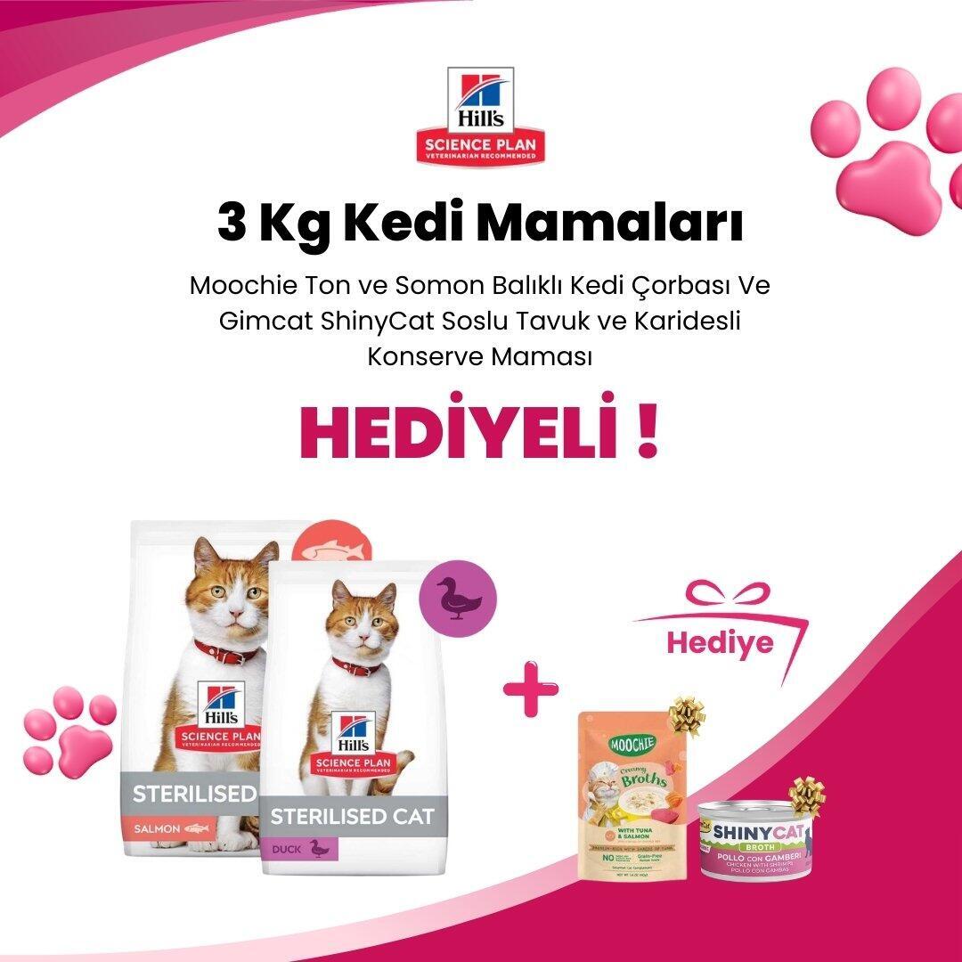 Hill's Science Plan 3 Kg Kedi Mamalarına Gimcat ShinyCat Soslu Tavuk ve Karidesli Konserve Mama 70 Gr ve Moochie Ton ve Somon Balıklı Kedi Çorbası 40 gr Hediye