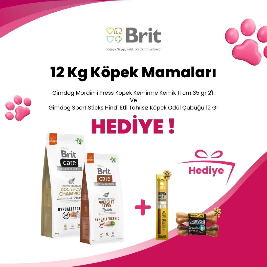 Brit Care 12 Kg Köpek Mamalarına Gimdog Mordimi Press Köpek Kemirme Kemik 11 cm 35 gr 2'li ve Gimdog Sport Sticks Hindi Etli Tahılsız Köpek Ödül Çubuğu 12 Gr Hediye