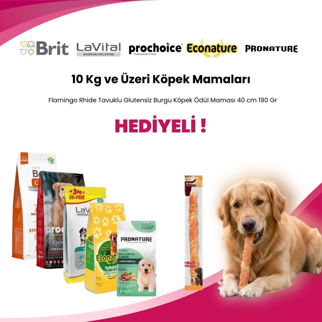 10 Kg ve Üzeri Seçili Markalarda Köpek Mamalarına 1 Adet Flamingo Rhide Tavuklu Glutensiz Burgu Köpek Ödül Maması 40 cm 190 Gr Hediye