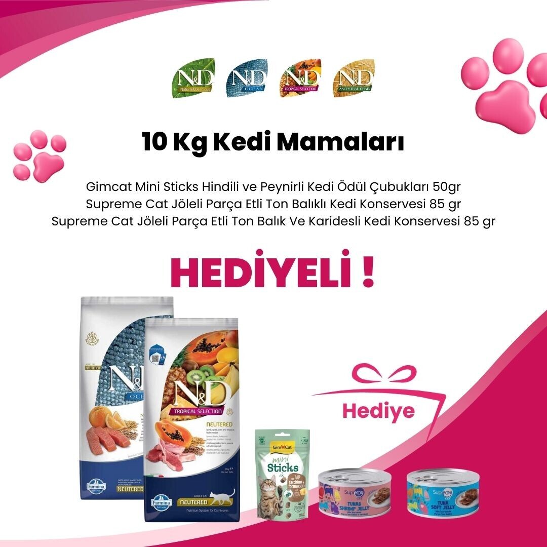 N&D 10 Kg Kedi Mamalarına Gimcat Mini Sticks Hindili ve Peynirli Kedi Ödül Çubukları 50gr , Supreme Cat Jöleli Parça Etli Ton Balıklı Kedi Konservesi 85 gr ve Supreme Cat Jöleli Parça Etli Ton Balık Ve Karidesli Kedi Konservesi 85 gr Hediye