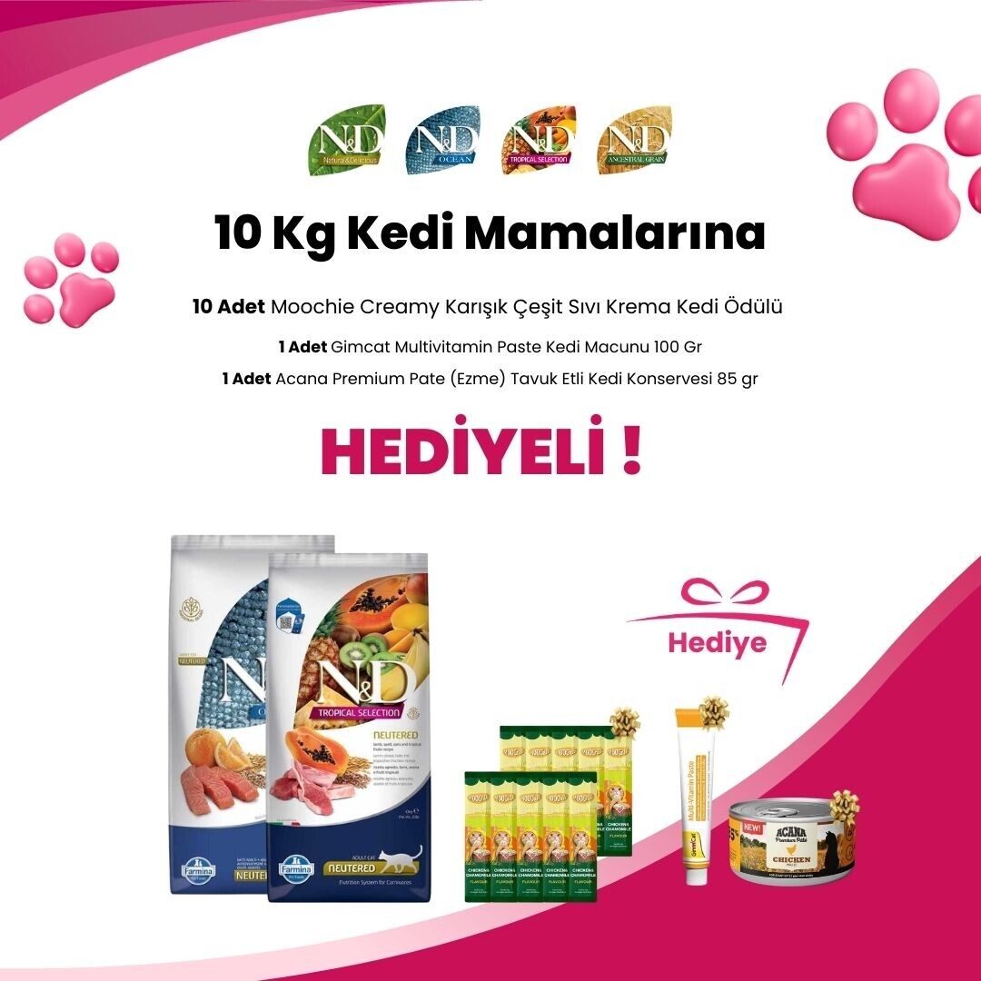N&D 10 Kg Kedi Mamalarına 10 Adet Moochie Creamy Karışık Çeşit Sıvı Krema Kedi Ödülü, Gimcat Multivitamin Paste Kedi Macunu 100 Gr Hediye ve Acana Premium Pate (Ezme) Tavuk Etli Kedi Konservesi 85 gr Hediye