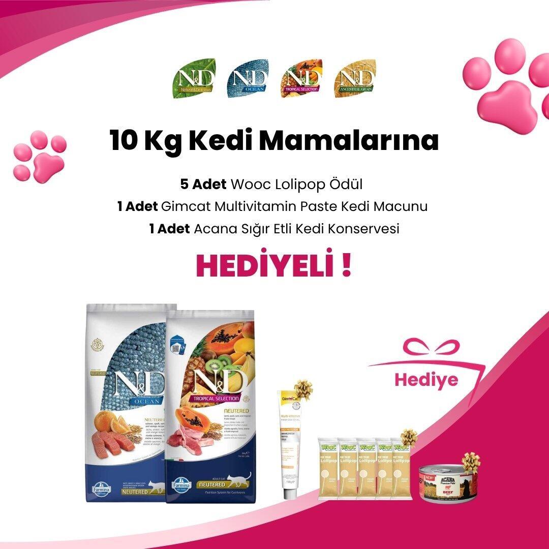 N&D 10 Kg Kedi Mamalarına 5 Adet Wooc Tavuk ve Yaban Mersinli Lollipop, Gimcat Multivitamin Paste Kedi Macunu 100 Gr ve Acana Premium Pate (Ezme) Tavuk Etli Kedi Konservesi 85 gr Hediye