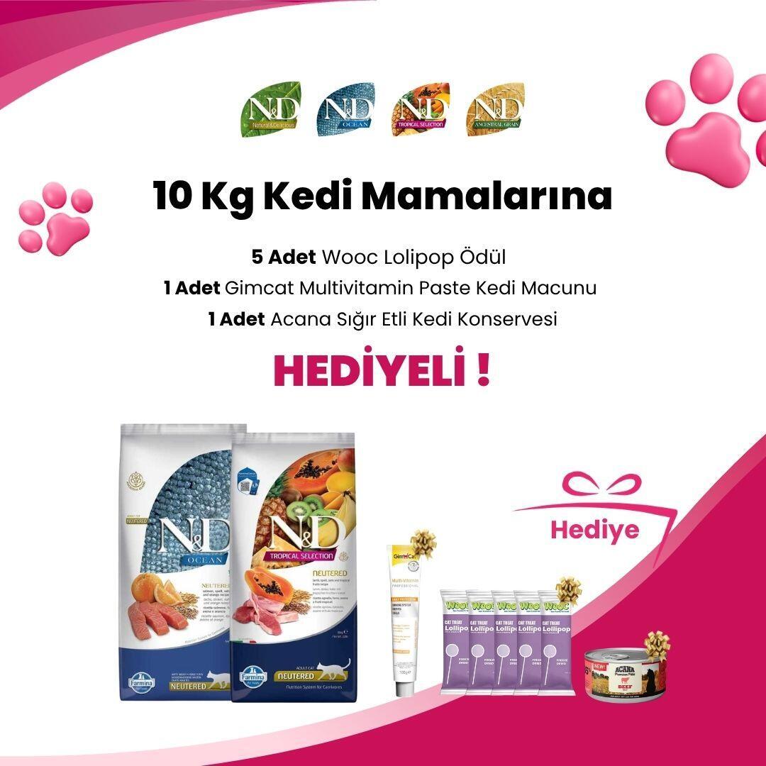N&D 10 Kg Kedi Mamalarına 5 Adet Wooc Tavuk ve Yaban Mersinli Lollipop, Gimcat Multivitamin Paste Kedi Macunu 100 Gr ve Acana Premium Pate (Ezme) Tavuk Etli Kedi Konservesi 85 gr Hediye