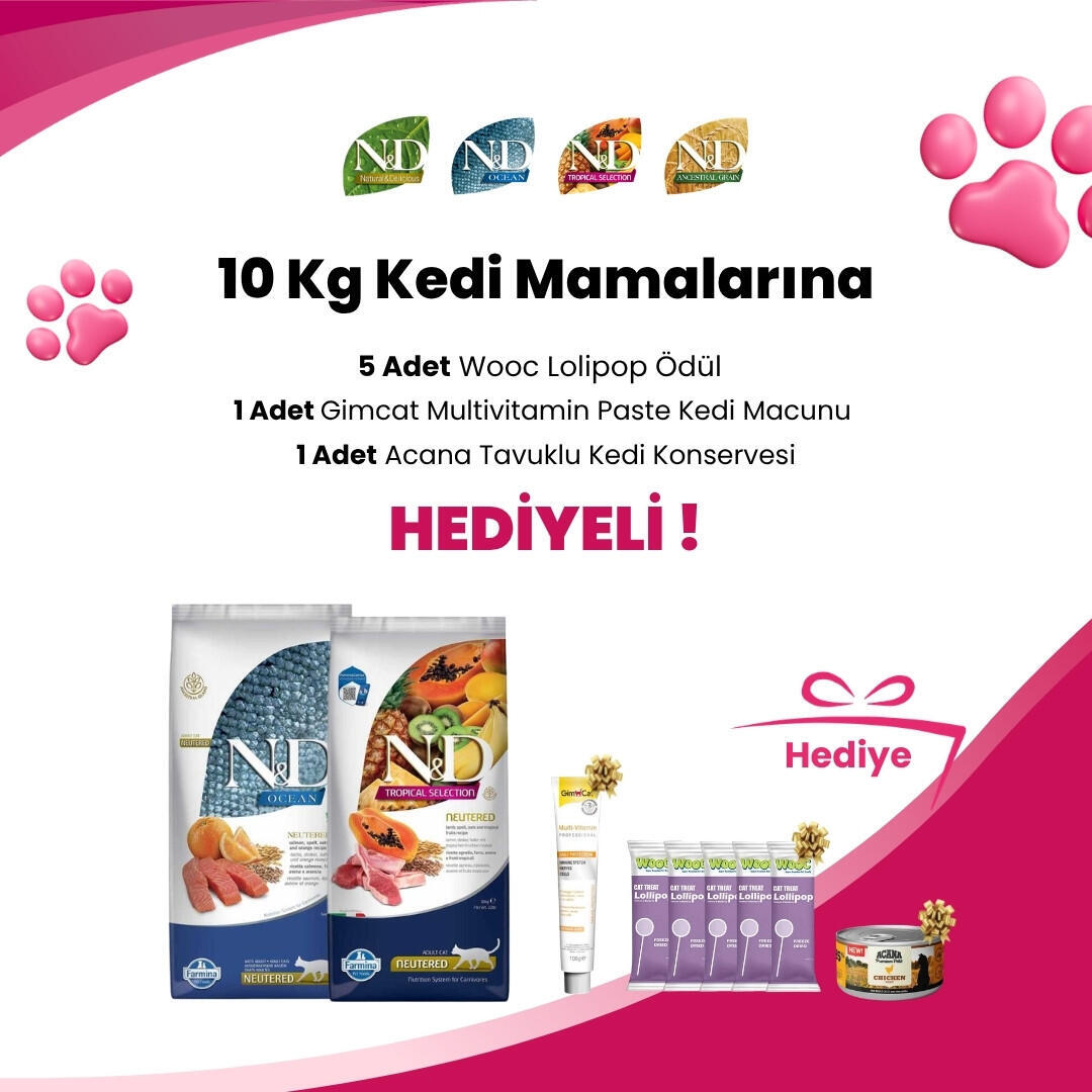 N&D 10 Kg Kedi Mamalarına 5 Adet Wooc Tavuk ve Yaban Mersinli Lollipop, Gimcat Multivitamin Paste Kedi Macunu 100 Gr ve Acana Premium Pate (Ezme) Tavuk Etli Kedi Konservesi 85 gr Hediye