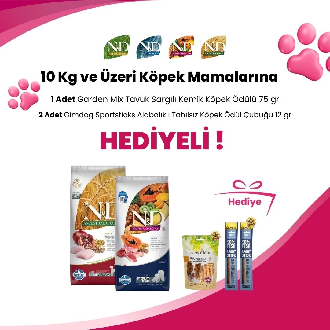 N&D 10 KG ve Üzeri Köpek Mamalarına 2 Adet Gimdog Sportsticks Alabalıklı Tahılsız Köpek Ödül Çubuğu 12gr ve Garden Mix Tavuk Sargılı Kemik Köpek Ödülü 75 gr Hediye