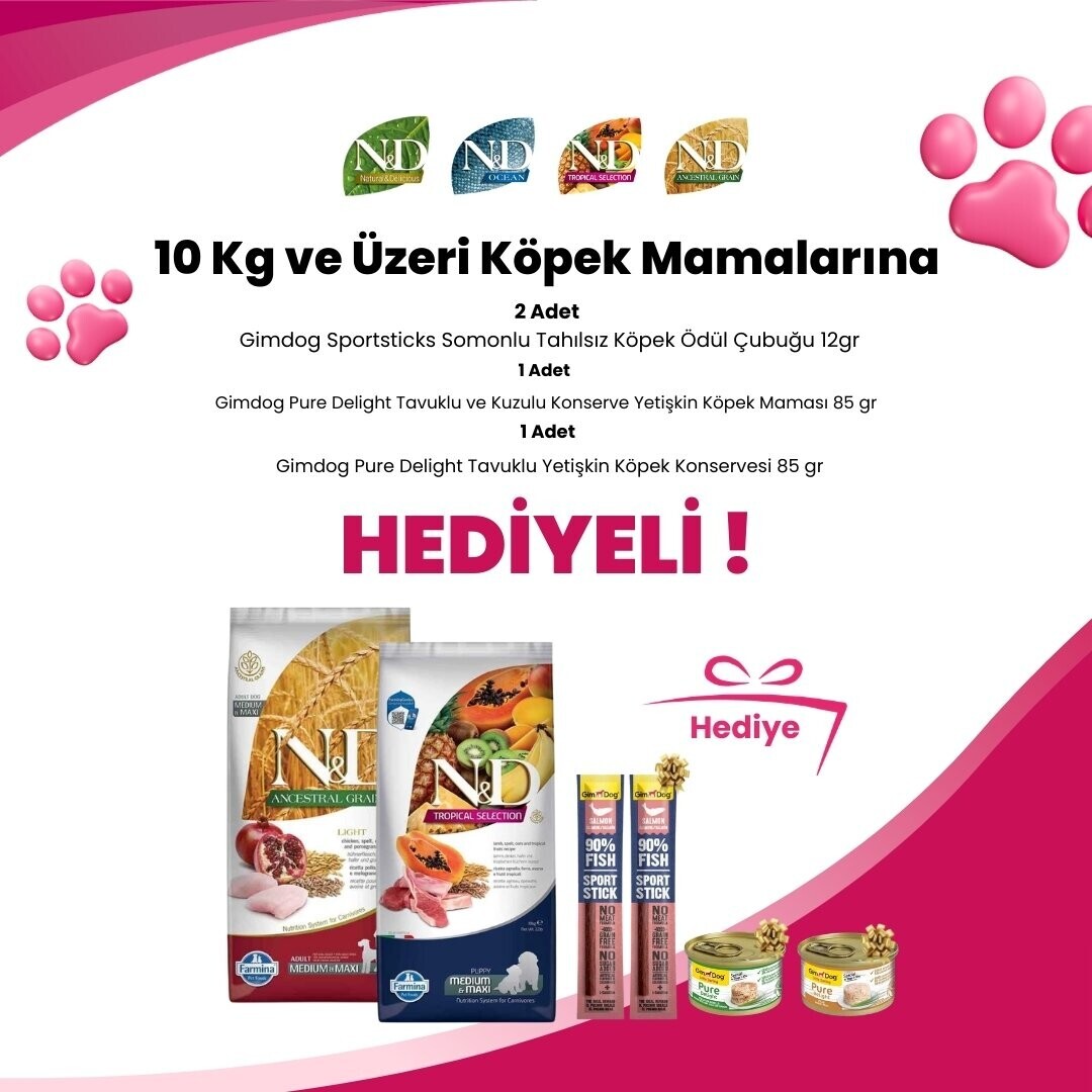 N&D 10 KG ve Üzeri Köpek Mamalarına Gimdog Pure Delight Tavuklu Yetişkin Köpek Konservesi 85 gr, Gimdog Pure Delight Tavuklu ve Kuzulu Konserve Yetişkin Köpek Maması 85 gr ve 2 Adet Gimdog Sportsticks Somonlu Tahılsız Köpek Ödül Çubuğu 12gr
