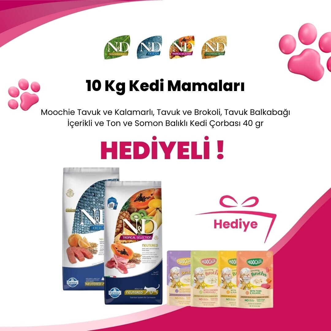 N&D 10 Kg Kedi Mamalarına Moochie Kalamarlı , Brokoli , Balkabağı ve Somon Balıklı Kedi Çorbası 40 gr Hediye