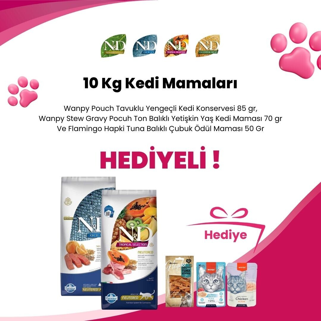 N&D 10 Kg Kedi Mamalarına Wanpy Pouch Tavuklu Yengeçli Kedi Konservesi 85 gr Wanpy Stew Gravy Pocuh Ton Balıklı Yetişkin Yaş Kedi Maması 70 gr ve Flamingo Hapki Tuna Balıklı Çubuk Ödül Maması 50 Gr Hediye