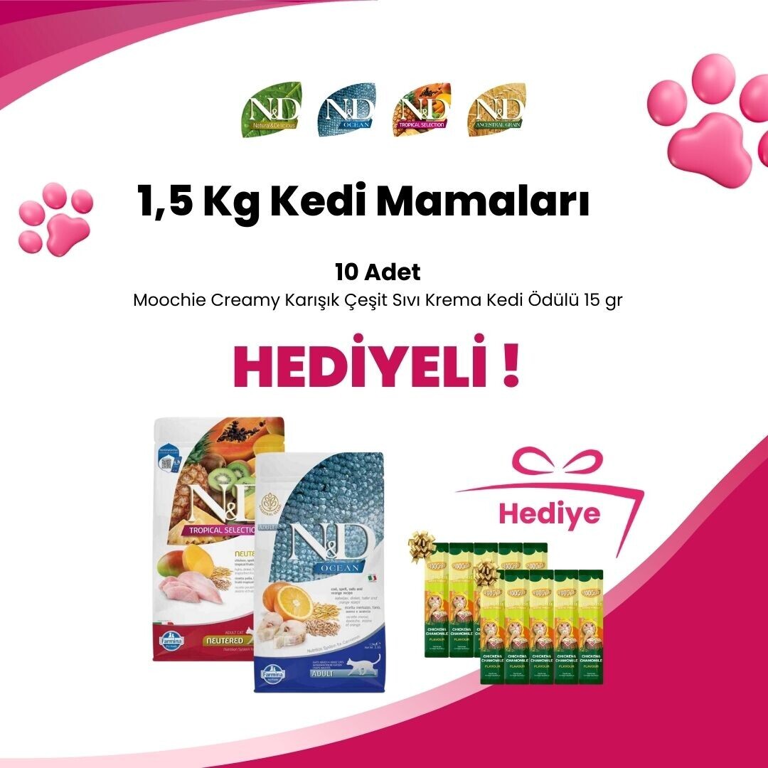 N&D 1,5 Kg Kedi Mamalarına 10 Adet Moochie Creamy Karışık Çeşit Sıvı Krema Kedi Ödülü 1 Adet Hediye