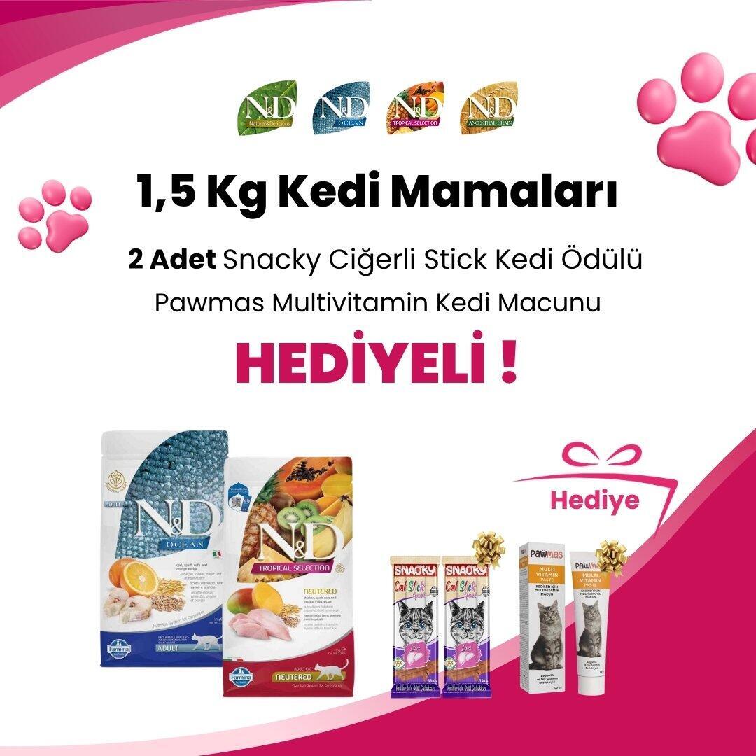 N&D 1,5 Kg Kedi Mamalarına 2 Adet Snacky Ciğerli Stick Kedi Ödülü ve Pawmas Multivitamin Kedi Macunu 100 Gr Hediye