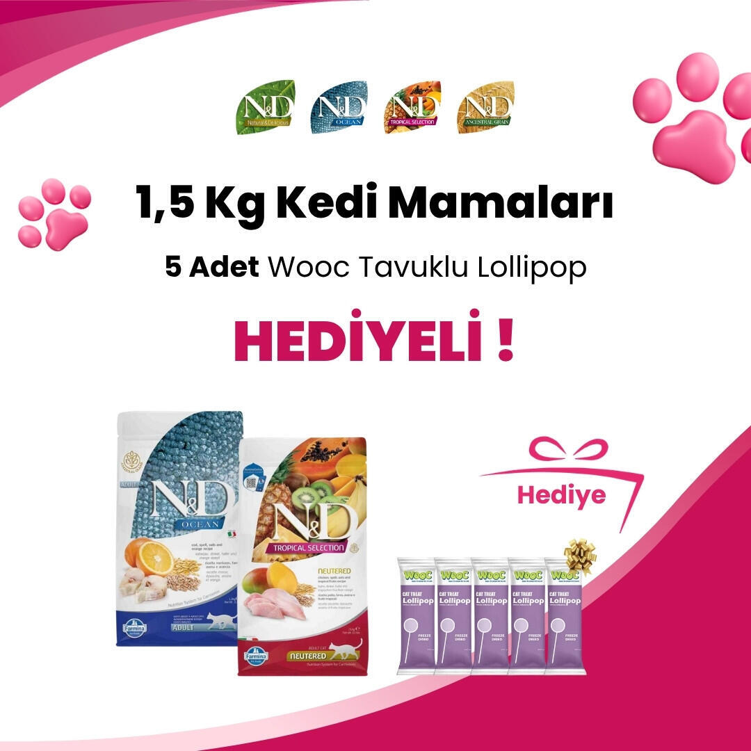 N&D 1,5 Kg Kedi Mamalarına 5 Adet Wooc Tavuk ve Yaban Mersinli Lollipop Kedi Ödül Maması Hediye