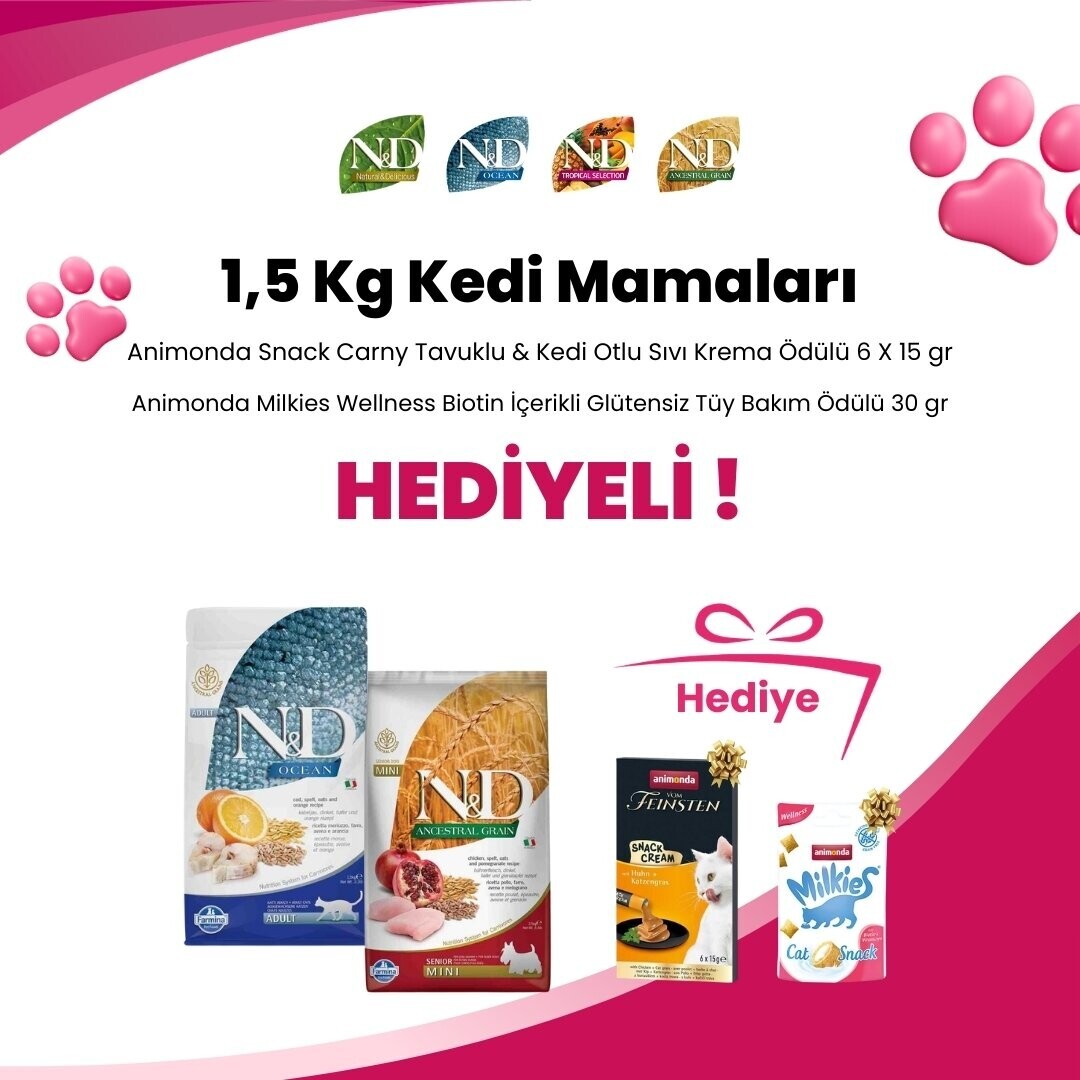 N&D 1,5 Kg Kedi Mamalarına Animonda Snack Carny Tavuklu & Kedi Otlu Sıvı Krema Kedi Ödülü 6 X 15 gr ve Animonda Milkies Wellness Biotin İçerikli Glütensiz Tüy Bakımı Kedi Ödülü 30 gr Hediye