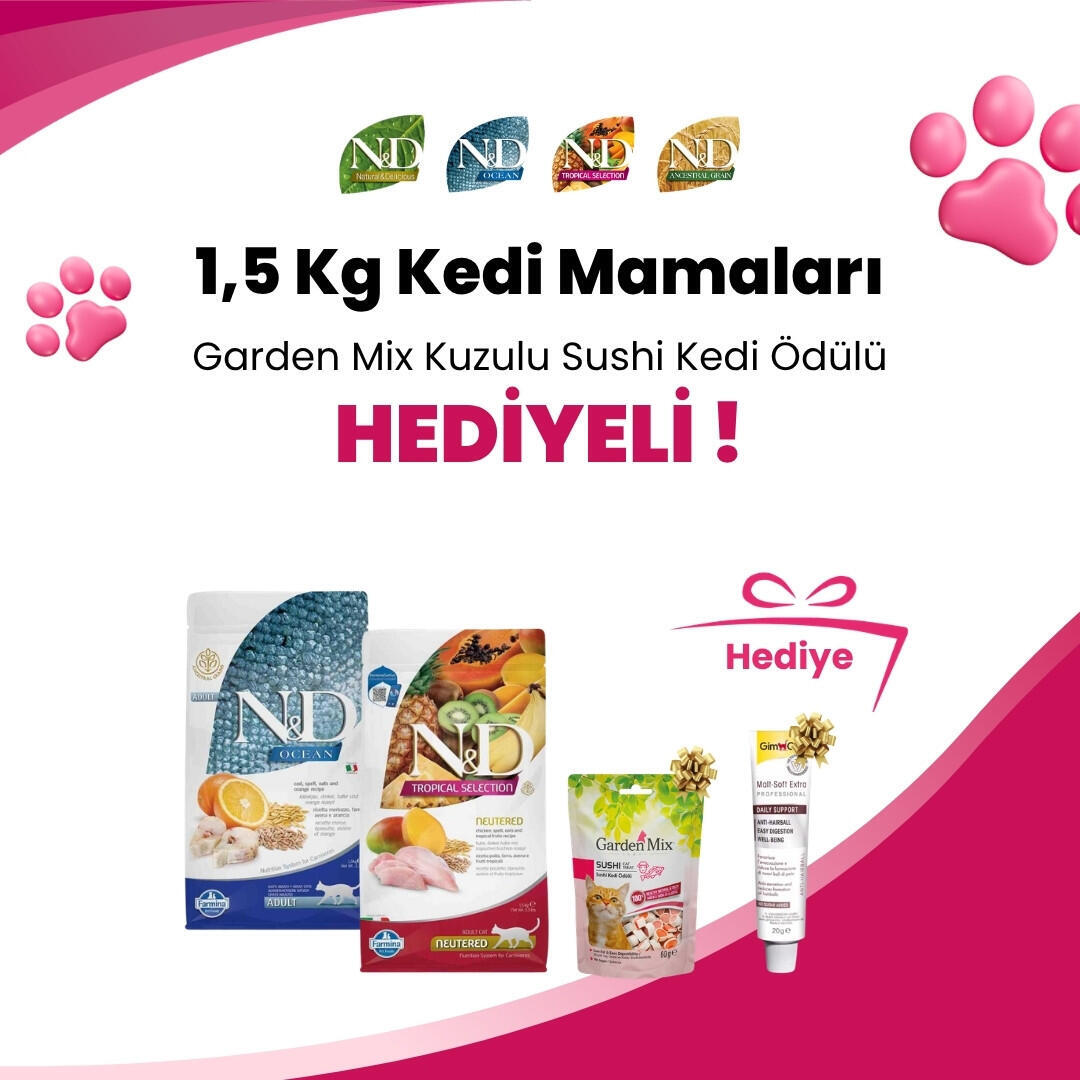 N&D 1,5 Kg Kedi Mamalarına Garden Mix Kuzulu Sushi Kedi Ödülü 60 gr ve Gimcat Malt Soft Extra 20 gr Hediye